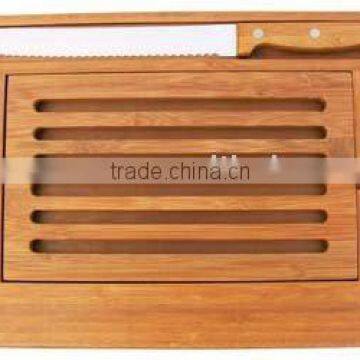 Bamboo Wooden Bread Cutting Board Set with 1pc knife and Slat Designed Movable Upper Board