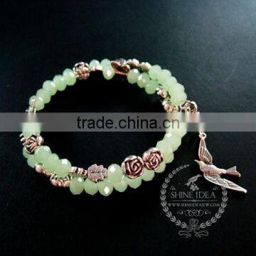 vintage antiqued silver rose leaf bird ice green glass beads 2 layers women fashion wiring bangle bracelet jewelry 6490048