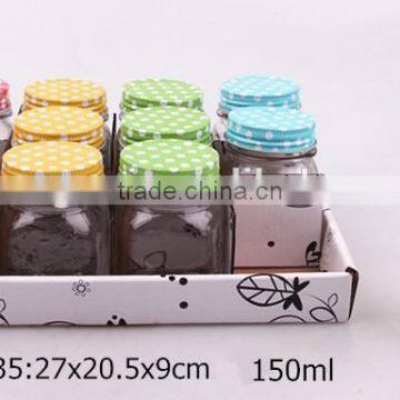12pcs glass mason jar with color metal lid in a paper tray