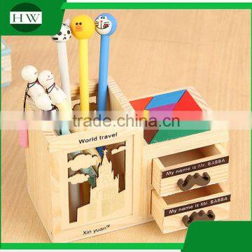 multipurpose wooden double-deck drawer penholder storage pen container case box holder