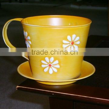 customizedl mug ,Yellow Metal Cup and Saucer Pot Container Planter