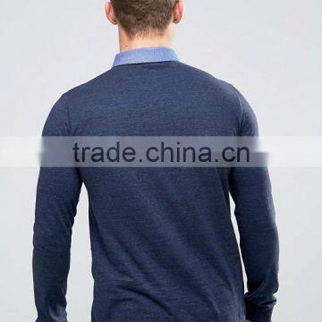 Long Sleeve Stitched Down Collar Four Button Placket Chest Pocket Navy Men's 100% Cotton Soft Jersey 220g Casual Polo T-Shirt photo-2