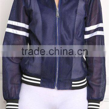 MGOO New Arrival Baseball Mesh Jackets Women Stripe Long Sleeves Fashion Zip Up Bomber Jackets 100 Cotton photo-4