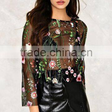 Fashion Transparent Mesh Floral Embroidery Top Tees Summer Short Sleeve T-Shirt Apparel photo-3