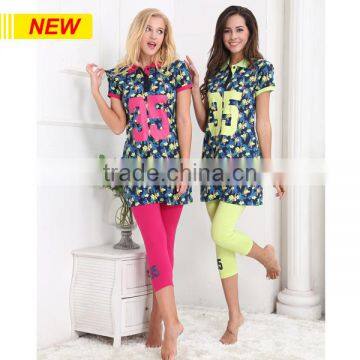 WOMEN SUMMER FASHION PAJAMAS S/S POLO TOP + LEGGING PYJAMAS WHOLESALE