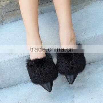 2017 Spring and Autumn Flat With Pointed Rabbit Hair Slippers Baotou Flat Hair Plush Half Autumn Autumn New Lazy Slippers photo-4
