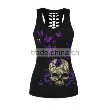2017 Hot Selling Cheap Women Black Tank Top With Rose Skull Printed photo-2