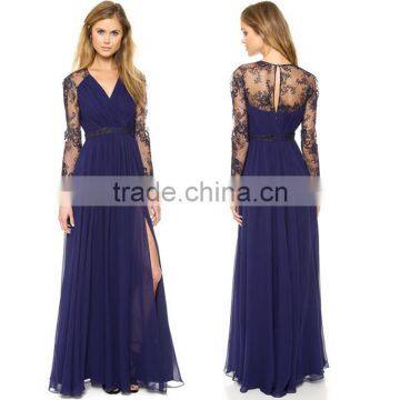 Onen high quality anti-pilling long sleeve lace chiffon v-neck maxi ankle sexy bodycon tight dress pattern