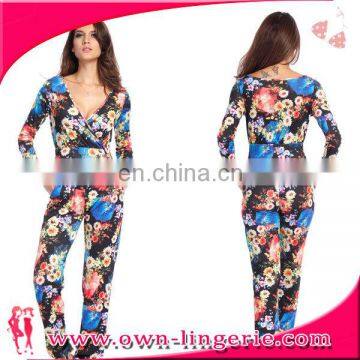 2016 summer new printed floral ladies deep-v-shaped jumpsuit