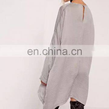 2017 High Quality Grey Long Sleeve Oversized Satin Shirt Dress Designs photo-2