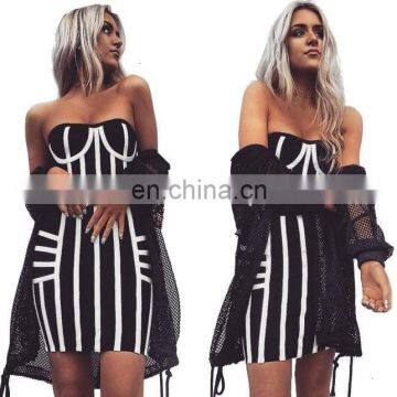 Amigo 2017 new design black white 2pcs sets crop top and mid pencil skirt bandage dress suit sexy evening dresses for women