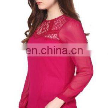 Popular Creation Latest Designer Chiffon Lace Neck Pattern Red Hot Comfortable Long Sleeve Western Beautiful Tunic Dress Top photo-2