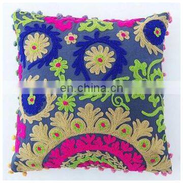 Pom Pom Vintage Suzani Cushion Cover Embroidered 16x16'' Indian Pillow Case photo-3