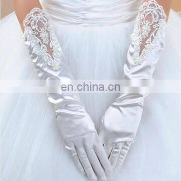 White &Ivory Long Stretch Full Finger Satin Wedding Glove lace Trim Pearl Beaded & Sequined Decoration Bridal Gloves For Women