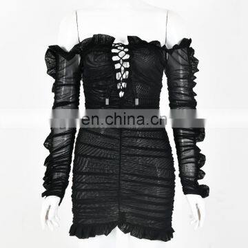 Hot Sale Fashion New Mesh Deep V Hollow-out Lace-up Yarn Flounced Long Sleeve Dress photo-6