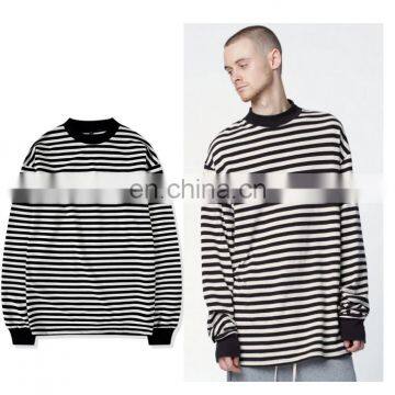 Oversized High quality Mens custom logo cotton long sleeve crew neck sweatshirt stripe wringer