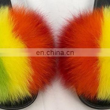 Women Fur Slippers / PVC rivet jelly bags Set Soft Fur Flip Flop Furry Sandals Custom Wholesale Fox Fur Slippers Slides