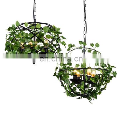 Retro Green Plant Chandelier Iron Bird Cage Hanging Light Metal Candle Pendant Light