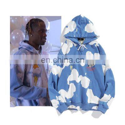 Custom Tie-dye Lightning Cloud Print Hooded Sweater for Men and Women Hip-hop Loose Hoodie Jacket 50% Cotton 50% Polyester