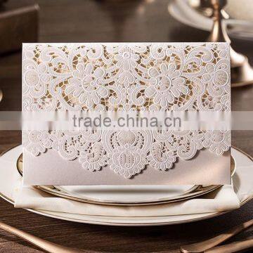 2016 Hot Sale Elegant Flower White Pocket Laser Cut Wedding Invitation Card