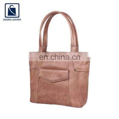 Matching Stitching Vintage Style High Quality Swiss Cotton Lining Women Genuine Leather Handbag at Wholesale Price