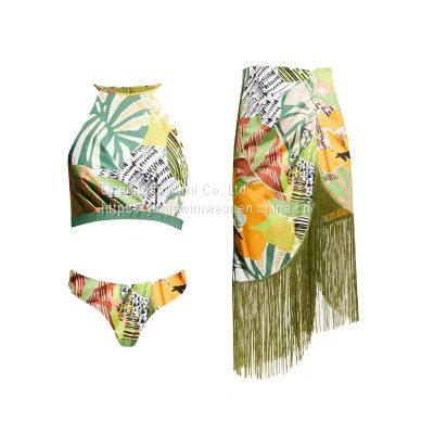 2 Pieces Ladies Women Printed Sexy Swimsuit Bikini Swimwear With Skirt Cover-Up