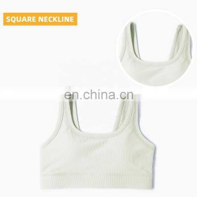 Athletic Ribbed Yoga Fitness Women Square Neckline Sports Bra Biker Shorts Set Gym