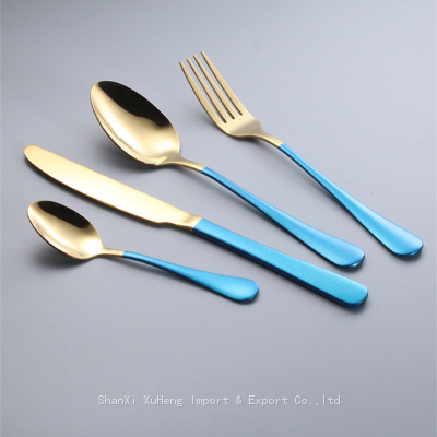 Elegant Stainless Steel Matte Gold Plated Dinner Fork Spoons Knife Flatware Set With Blue Colored Handle