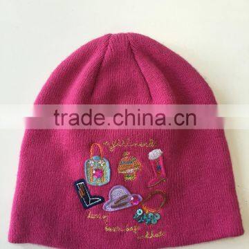 girl acrylic oem knit beanie hat with bling bling embrordery decoration