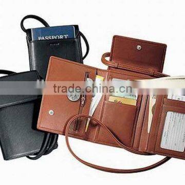 New arrival trifold leather neck wallet / travel document wallet