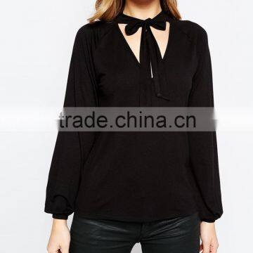 knit soft textile V-collar casual women tops and blouse with butterfly tie OEM service