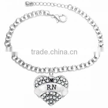 Genuine Austrian Clear Crystal Registered Nurse "RN" Charm Chain Link Bracelet