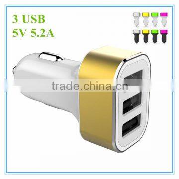 hot sale oem black and white with colorful aluminum ring led 3 port 5v 5.2a multi adapter travel adapter