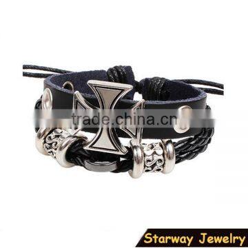 >>hot selling multi strand braided sideways cross leather Bracelet/