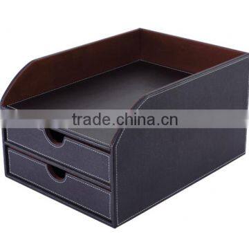 Office stationary faux leather desk organizer/document tray with 2 drawers