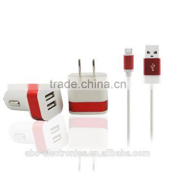 3 in1 metal charger kit, dual usb car charger +wall charger + mirco usb cable/usb cable for iphone