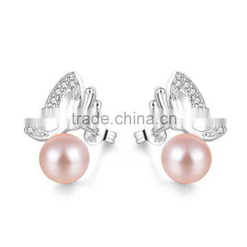 Romanticpink pearl stud earring butterfly design jewelry raw brass earring for women girls