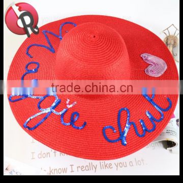 embroidered sequin straw Wide brim summer beach hat