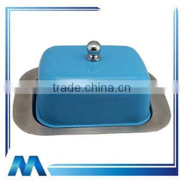 square shape blue color stainless steel butter dish with lid