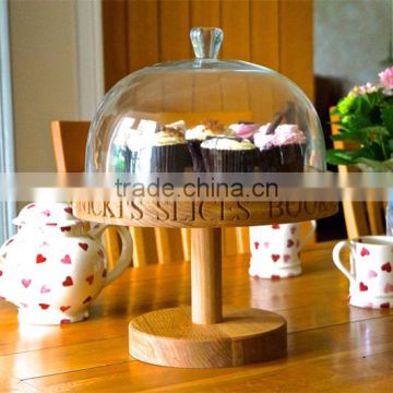 Oak Cake Stand with Laser Logo For Party Home Use Dessert Holder With Glass Cover