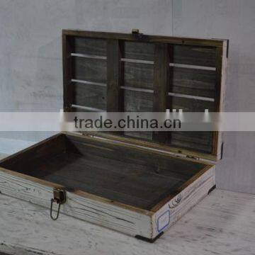 washed white wooden trunk with corner metal decor