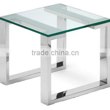 Square Polished Durable Stainless Steel Living Room End Side Table With Glass