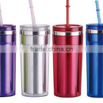 350ml/450ml Stainless Steel Inner Steel Outer Plastic Double Layer Cup With Straw photo-3