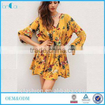 2017 hot sell vintage flower print lace summer boho dress women long lantern sleeve loose short dress women