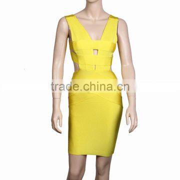2015 Elastic Knitted Rayon HL Mini Sexy Hollow Out Bodycon Womne V Neck Bandage Dress Red Yellow photo-5