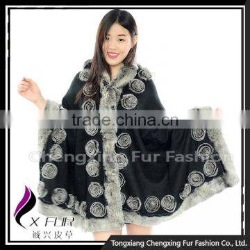 CX-B-P-40E Ladies 100% Cashmere Shawl Trim With Rex Rabbit Fur,Fur Shawl,Shawl Pashmina