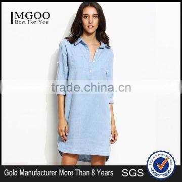 Blue Roll Tab Sleeve High Low Denim Shirt Dress With Pockets On Chest Casual Short Dress With Buttom