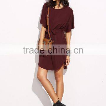 Burgundy Self Tie Curved Hem Dolman Sleeve Dress 95% Cotton 5% Spandex Curved Hem Casual Belted Dress photo-4