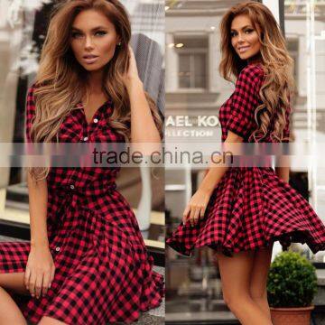 2017 fashion lattice European short-sleeved skirt cotton foreign trade dress lattice umbrella skirt