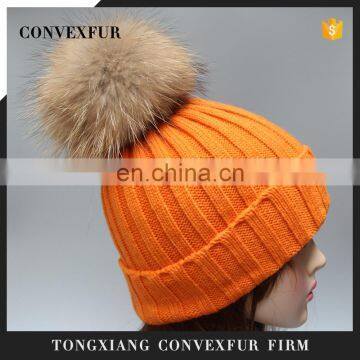 High quality natural color raccoon fur pom pom hats fur bobble hats for women